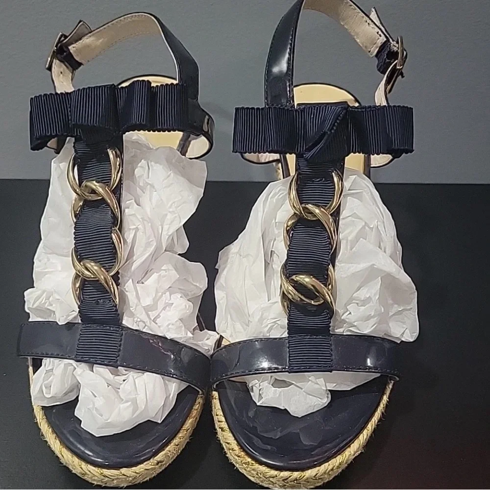 UEC KATE SPADE PATENT NAVY BLUE 3.5” WEDGE ESPADRILLE GOLD HARDWARE SZ 9 PERFECT